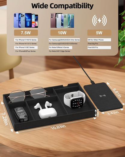 Bamboo Valet Tray with Dual Wireless Charger - EDC Nightstand Organizer for Men - Desk Tray & Catchall for Phone, Watch, Keys - Aesthetic Desk Accessories & Father’s Day Gift for Men (Natural)