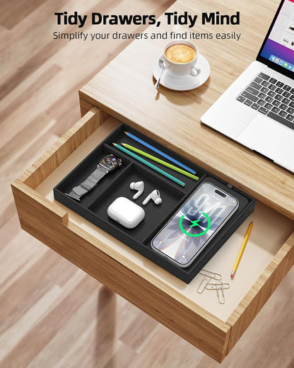 Bamboo Valet Tray with Dual Wireless Charger - EDC Nightstand Organizer for Men - Desk Tray & Catchall for Phone, Watch, Keys - Aesthetic Desk Accessories & Father’s Day Gift for Men (Natural)