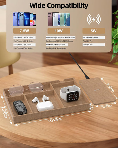 Bamboo Valet Tray with Dual Wireless Charger - EDC Nightstand Organizer for Men - Desk Tray & Catchall for Phone, Watch, Keys - Aesthetic Desk Accessories & Father’s Day Gift for Men (Natural)