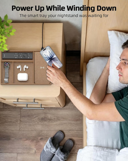 Bamboo Valet Tray with Dual Wireless Charger - EDC Nightstand Organizer for Men - Desk Tray & Catchall for Phone, Watch, Keys - Aesthetic Desk Accessories & Father’s Day Gift for Men (Natural)