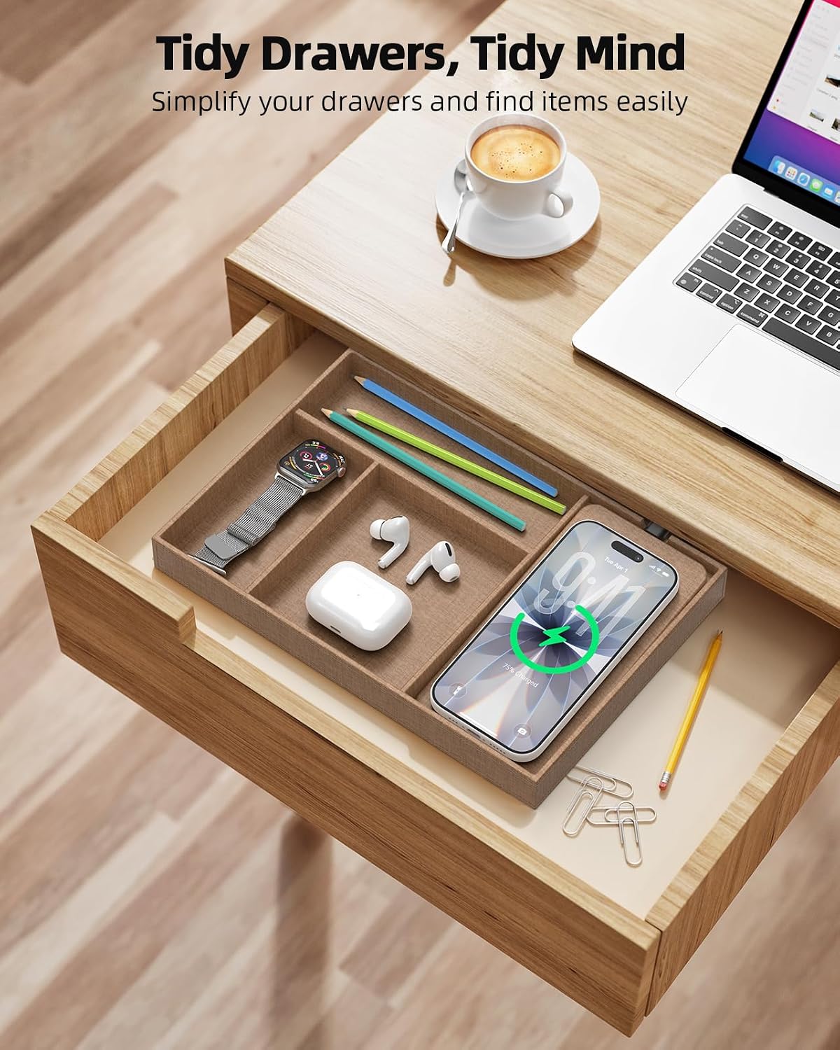 Bamboo Valet Tray with Dual Wireless Charger - EDC Nightstand Organizer for Men - Desk Tray & Catchall for Phone, Watch, Keys - Aesthetic Desk Accessories & Father’s Day Gift for Men (Natural)