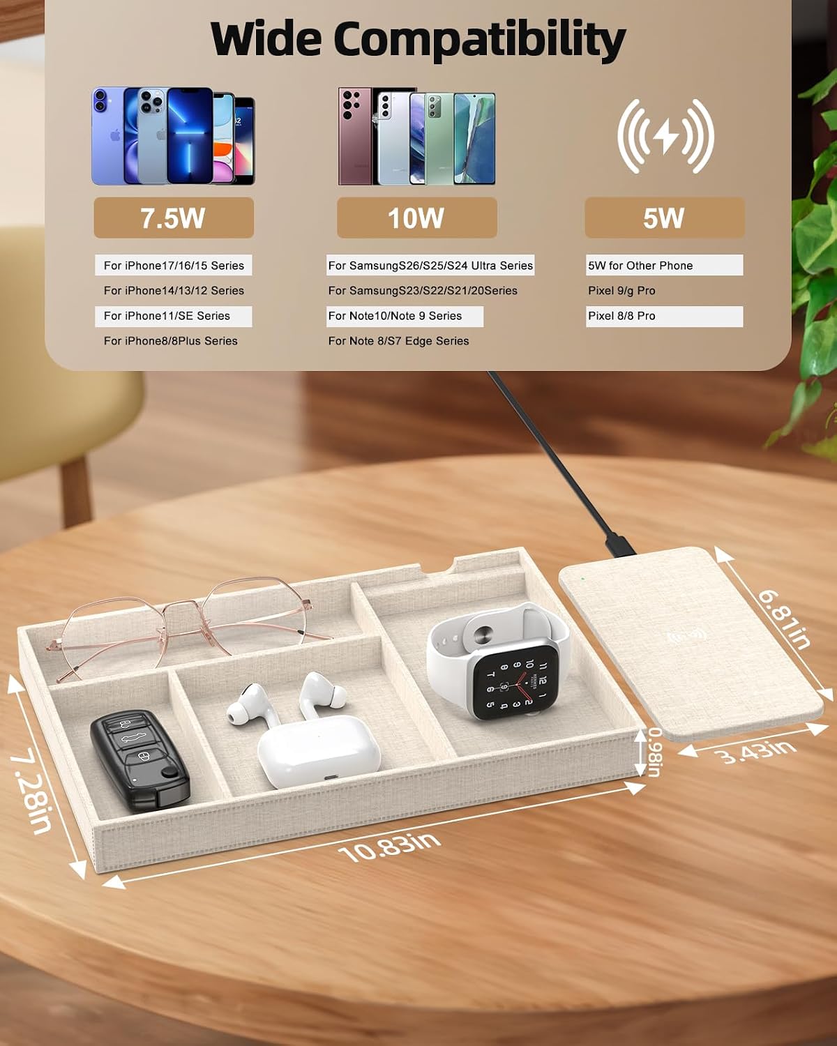 Bamboo Valet Tray with Dual Wireless Charger - EDC Nightstand Organizer for Men - Desk Tray & Catchall for Phone, Watch, Keys - Aesthetic Desk Accessories & Father’s Day Gift for Men (Natural)