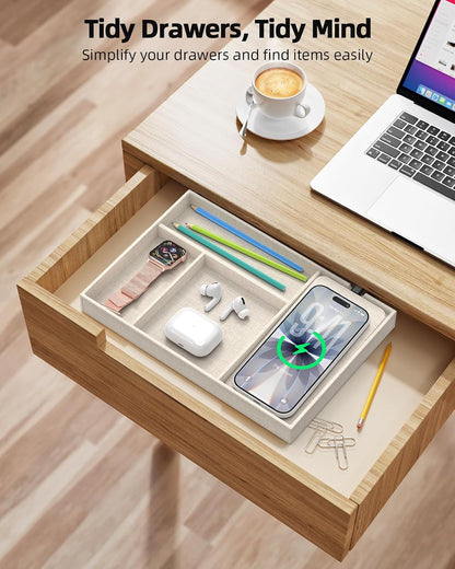 Bamboo Valet Tray with Dual Wireless Charger - EDC Nightstand Organizer for Men - Desk Tray & Catchall for Phone, Watch, Keys - Aesthetic Desk Accessories & Father’s Day Gift for Men (Natural)