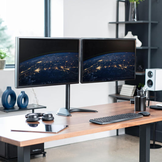 STAND-V002F Dual LED LCD Monitor Free-Standing Desk Stand for 2 Screens up to 27 Inch Heavy-Duty Fully Adjustable Arms with Max VESA 100x100mm
