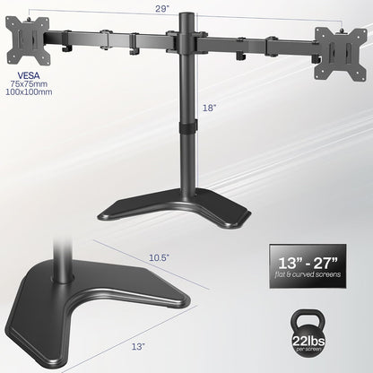 STAND-V002F Dual LED LCD Monitor Free-Standing Desk Stand for 2 Screens up to 27 Inch Heavy-Duty Fully Adjustable Arms with Max VESA 100x100mm