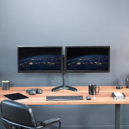 STAND-V002F Dual LED LCD Monitor Free-Standing Desk Stand for 2 Screens up to 27 Inch Heavy-Duty Fully Adjustable Arms with Max VESA 100x100mm