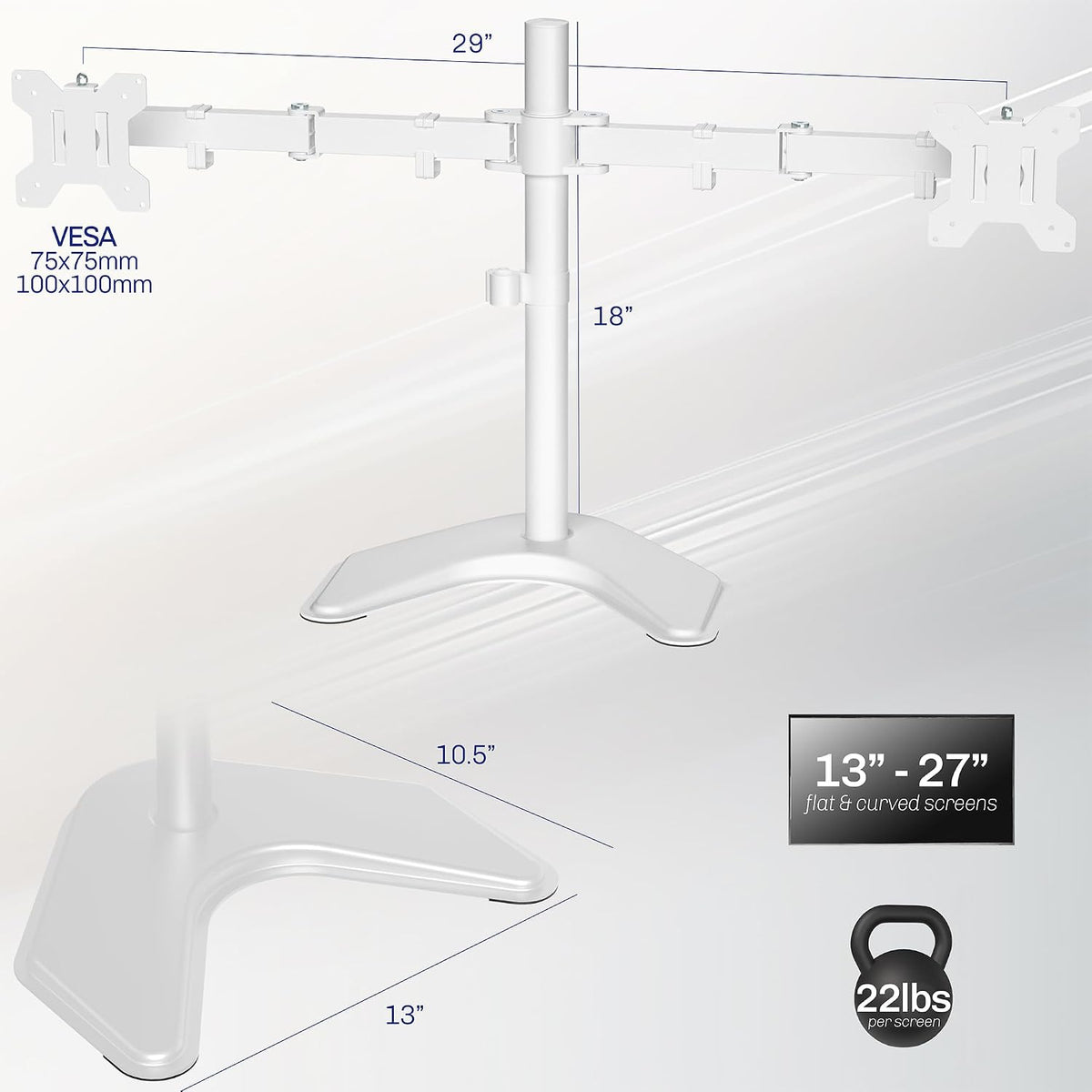 STAND-V002F Dual LED LCD Monitor Free-Standing Desk Stand for 2 Screens up to 27 Inch Heavy-Duty Fully Adjustable Arms with Max VESA 100x100mm