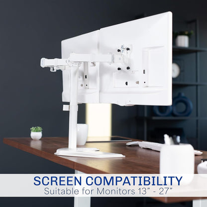 STAND-V002F Dual LED LCD Monitor Free-Standing Desk Stand for 2 Screens up to 27 Inch Heavy-Duty Fully Adjustable Arms with Max VESA 100x100mm