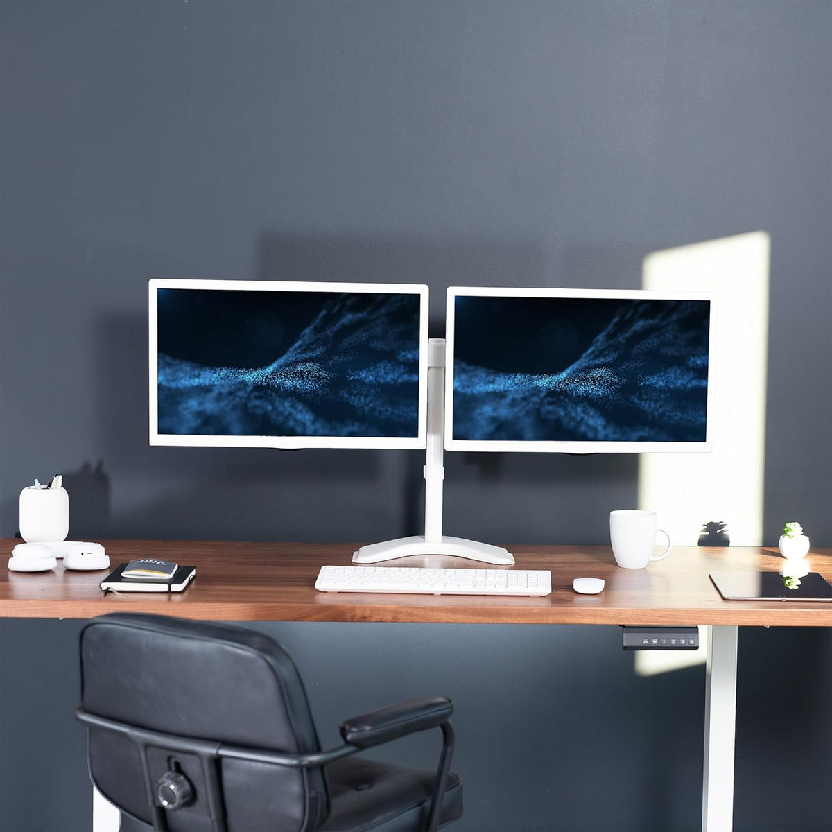 STAND-V002F Dual LED LCD Monitor Free-Standing Desk Stand for 2 Screens up to 27 Inch Heavy-Duty Fully Adjustable Arms with Max VESA 100x100mm