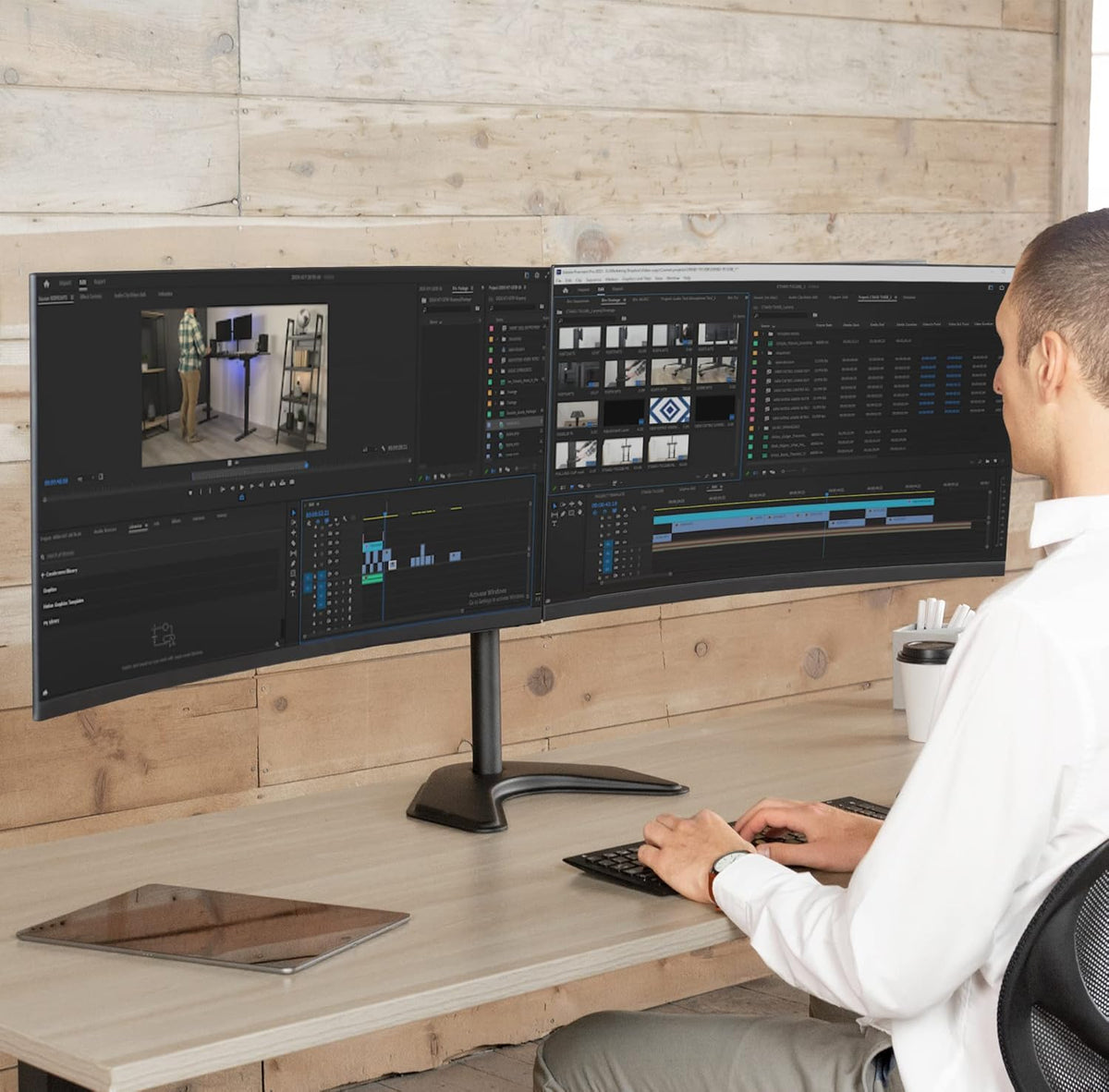 STAND-V002F Dual LED LCD Monitor Free-Standing Desk Stand for 2 Screens up to 27 Inch Heavy-Duty Fully Adjustable Arms with Max VESA 100x100mm