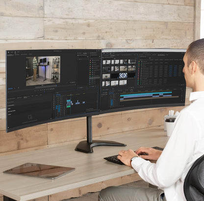 STAND-V002F Dual LED LCD Monitor Free-Standing Desk Stand for 2 Screens up to 27 Inch Heavy-Duty Fully Adjustable Arms with Max VESA 100x100mm