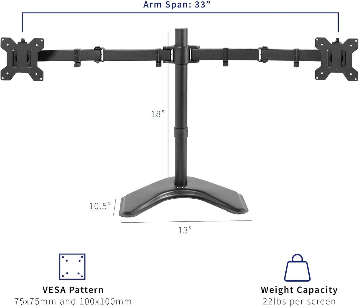 STAND-V002F Dual LED LCD Monitor Free-Standing Desk Stand for 2 Screens up to 27 Inch Heavy-Duty Fully Adjustable Arms with Max VESA 100x100mm
