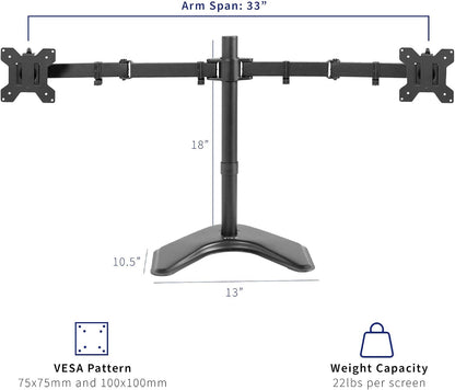 STAND-V002F Dual LED LCD Monitor Free-Standing Desk Stand for 2 Screens up to 27 Inch Heavy-Duty Fully Adjustable Arms with Max VESA 100x100mm