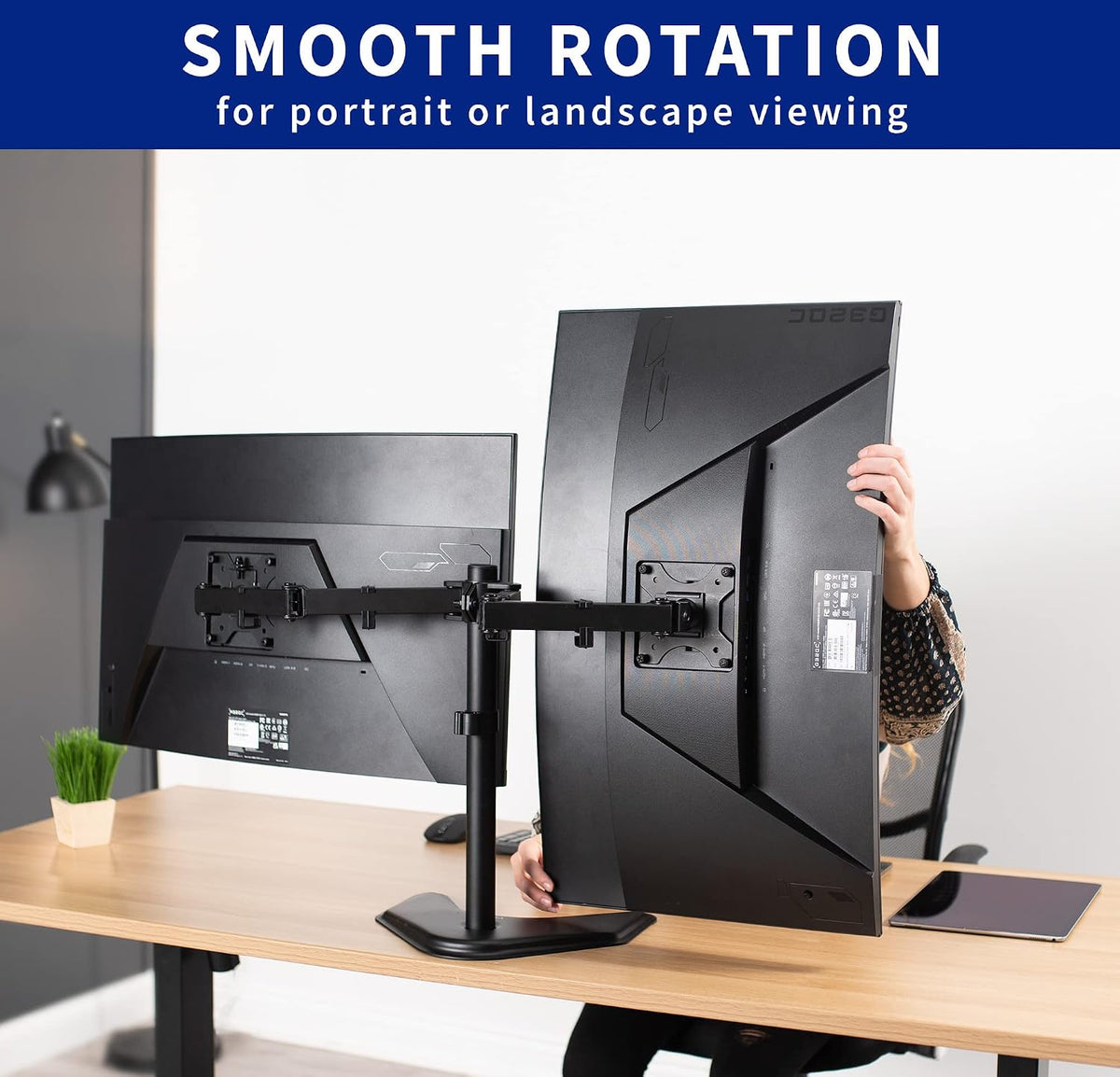 STAND-V002F Dual LED LCD Monitor Free-Standing Desk Stand for 2 Screens up to 27 Inch Heavy-Duty Fully Adjustable Arms with Max VESA 100x100mm
