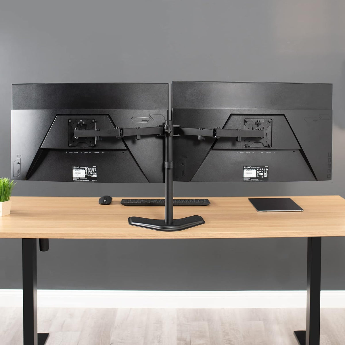 STAND-V002F Dual LED LCD Monitor Free-Standing Desk Stand for 2 Screens up to 27 Inch Heavy-Duty Fully Adjustable Arms with Max VESA 100x100mm