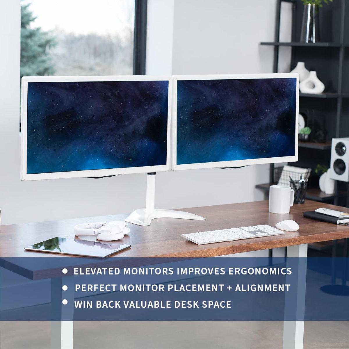 STAND-V002F Dual LED LCD Monitor Free-Standing Desk Stand for 2 Screens up to 27 Inch Heavy-Duty Fully Adjustable Arms with Max VESA 100x100mm