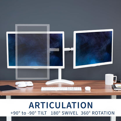 STAND-V002F Dual LED LCD Monitor Free-Standing Desk Stand for 2 Screens up to 27 Inch Heavy-Duty Fully Adjustable Arms with Max VESA 100x100mm