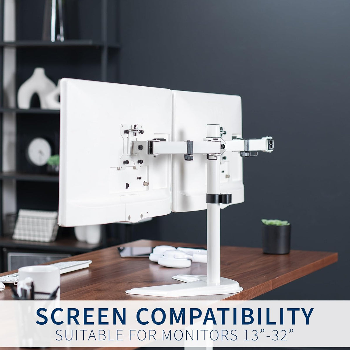 STAND-V002F Dual LED LCD Monitor Free-Standing Desk Stand for 2 Screens up to 27 Inch Heavy-Duty Fully Adjustable Arms with Max VESA 100x100mm