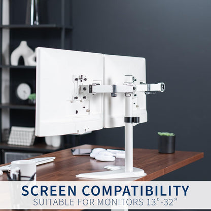 STAND-V002F Dual LED LCD Monitor Free-Standing Desk Stand for 2 Screens up to 27 Inch Heavy-Duty Fully Adjustable Arms with Max VESA 100x100mm