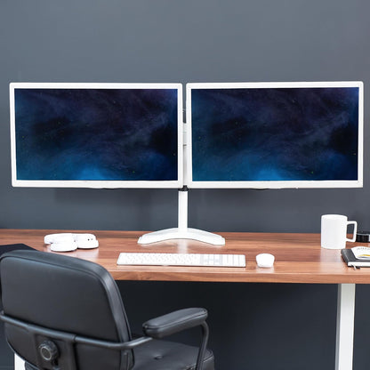 STAND-V002F Dual LED LCD Monitor Free-Standing Desk Stand for 2 Screens up to 27 Inch Heavy-Duty Fully Adjustable Arms with Max VESA 100x100mm