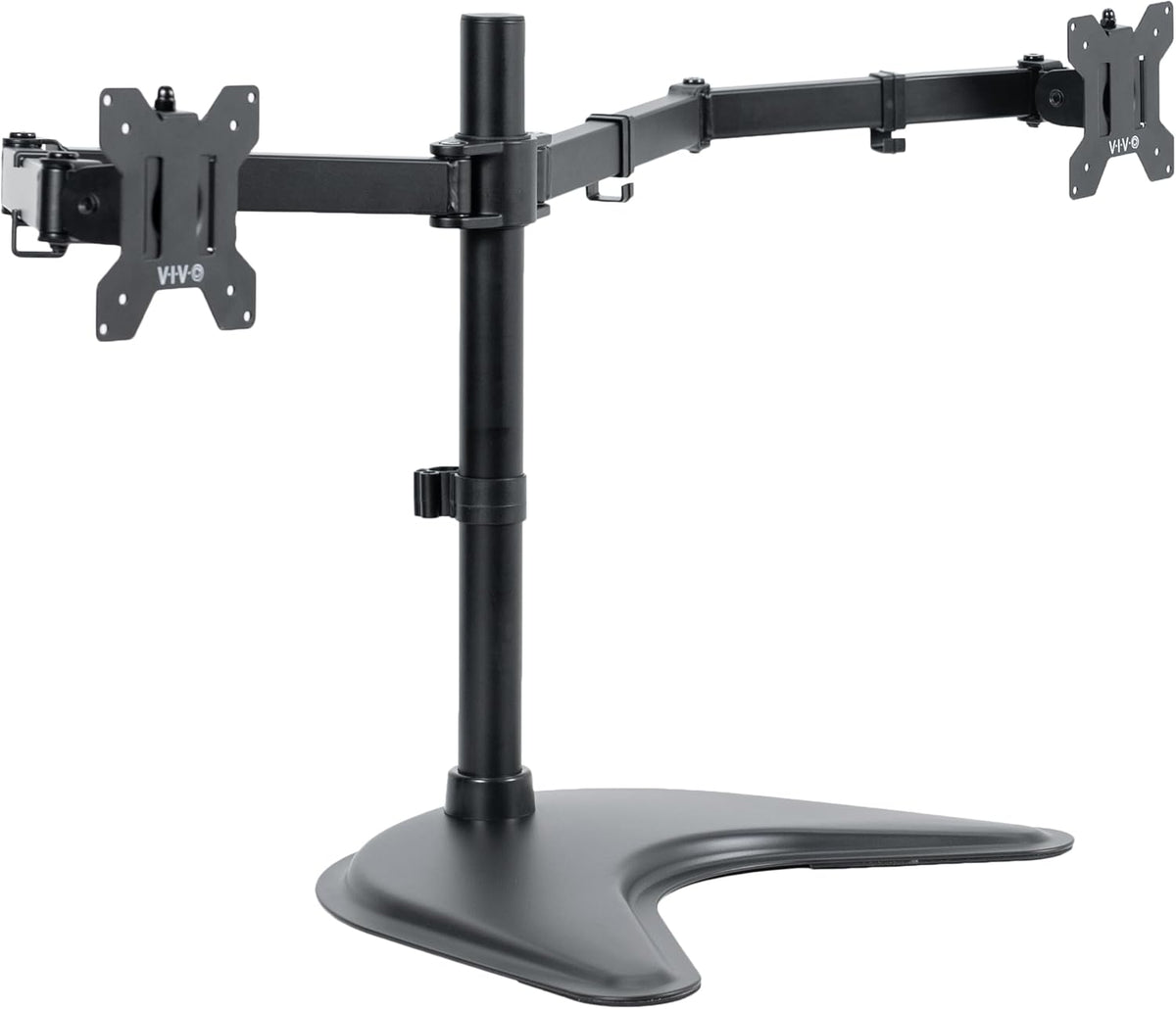 STAND-V002F Dual LED LCD Monitor Free-Standing Desk Stand for 2 Screens up to 27 Inch Heavy-Duty Fully Adjustable Arms with Max VESA 100x100mm
