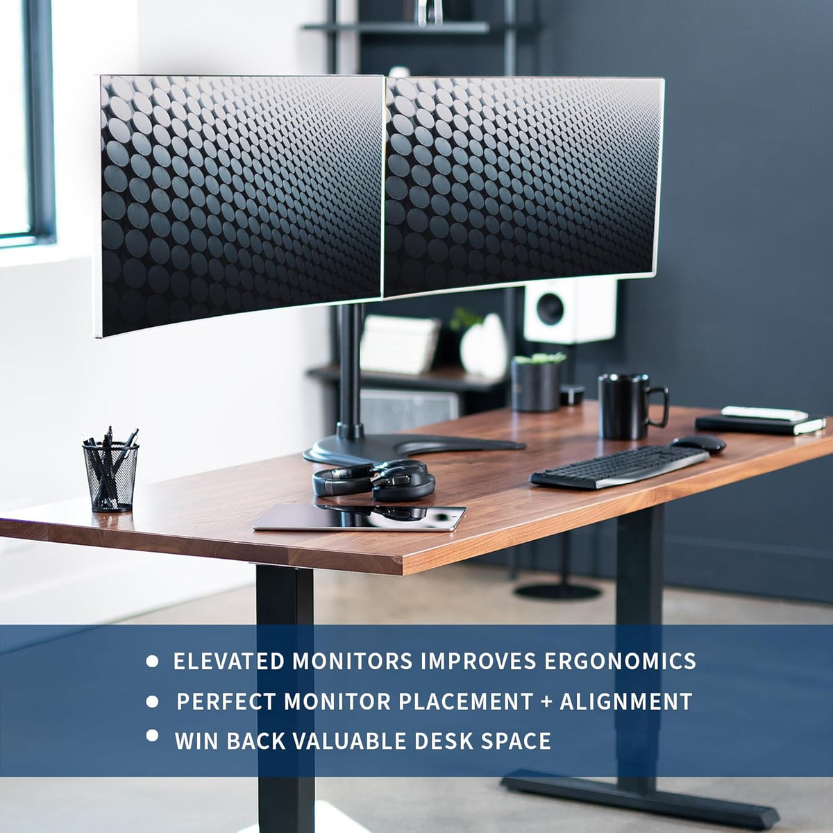 STAND-V002F Dual LED LCD Monitor Free-Standing Desk Stand for 2 Screens up to 27 Inch Heavy-Duty Fully Adjustable Arms with Max VESA 100x100mm
