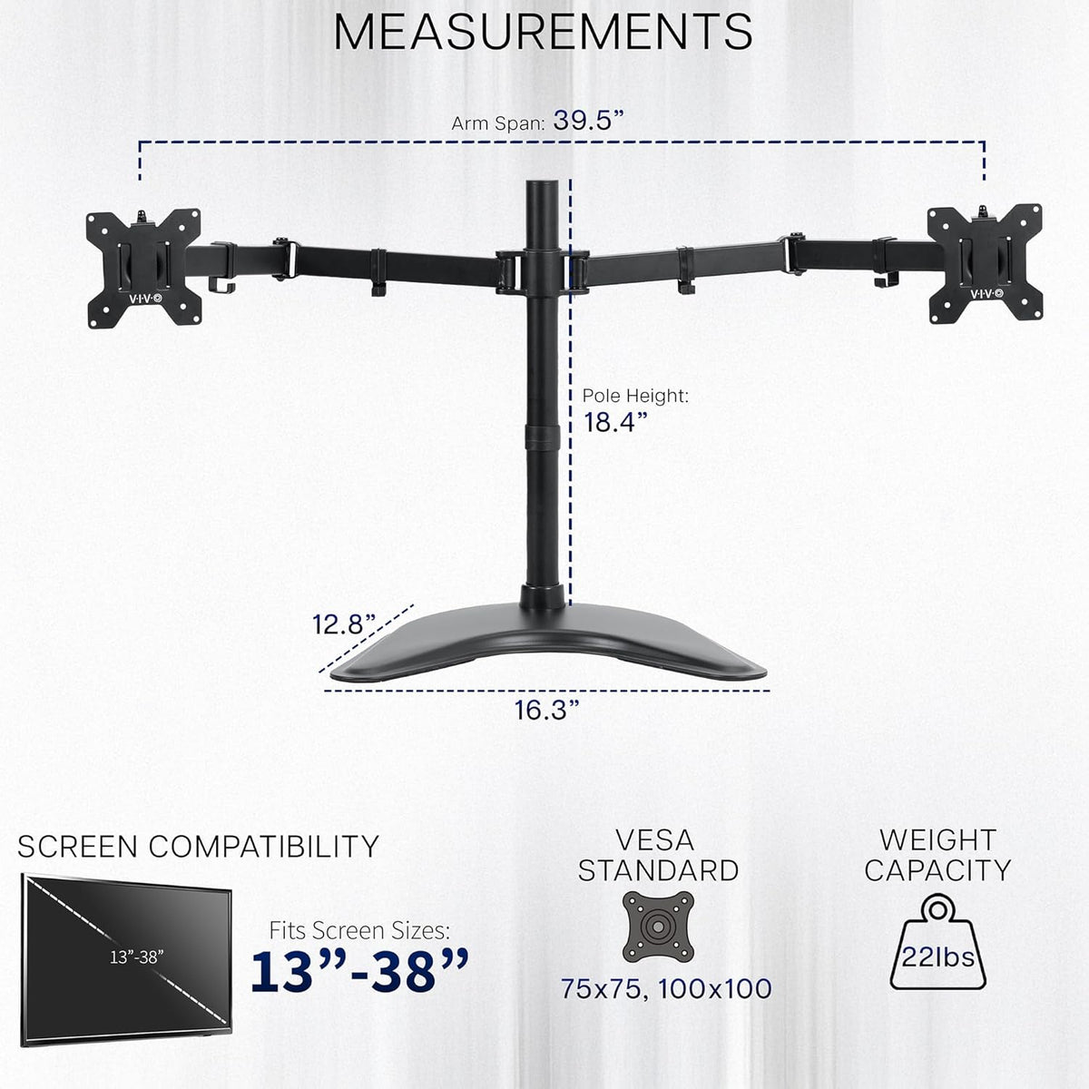 STAND-V002F Dual LED LCD Monitor Free-Standing Desk Stand for 2 Screens up to 27 Inch Heavy-Duty Fully Adjustable Arms with Max VESA 100x100mm