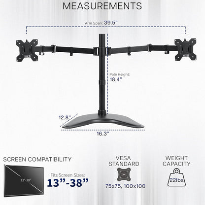 STAND-V002F Dual LED LCD Monitor Free-Standing Desk Stand for 2 Screens up to 27 Inch Heavy-Duty Fully Adjustable Arms with Max VESA 100x100mm