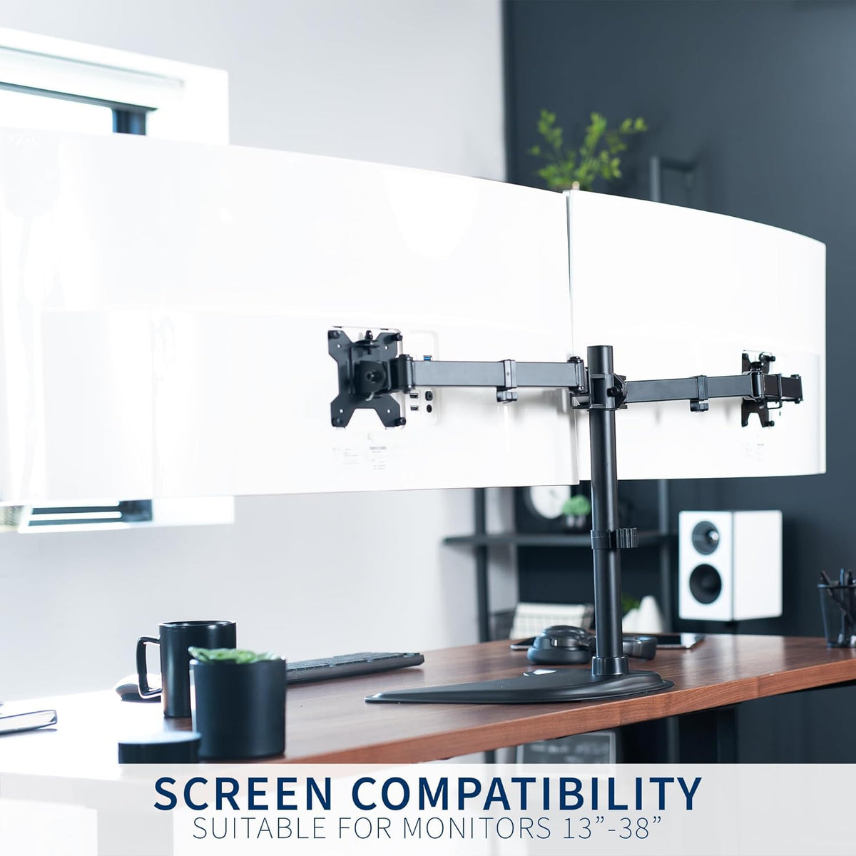 STAND-V002F Dual LED LCD Monitor Free-Standing Desk Stand for 2 Screens up to 27 Inch Heavy-Duty Fully Adjustable Arms with Max VESA 100x100mm
