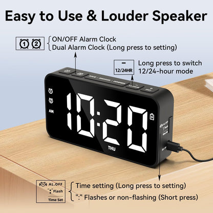 Plug in Digital Alarm Clocks with Rechargeable Backup Battery for Bedrooms Living Room Study Loud Bedside Desk Clock with Memory Function Dual Alarm 3 Modes Weekends Weekdays Every Day for Kids Adults