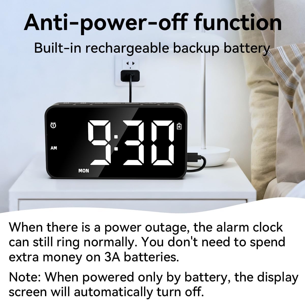 Plug in Digital Alarm Clocks with Rechargeable Backup Battery for Bedrooms Living Room Study Loud Bedside Desk Clock with Memory Function Dual Alarm 3 Modes Weekends Weekdays Every Day for Kids Adults