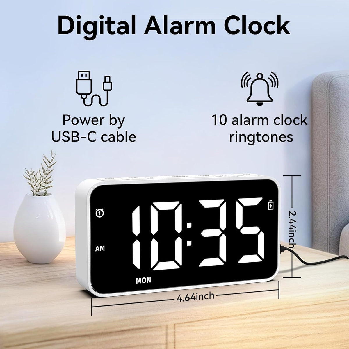 Plug in Digital Alarm Clocks with Rechargeable Backup Battery for Bedrooms Living Room Study Loud Bedside Desk Clock with Memory Function Dual Alarm 3 Modes Weekends Weekdays Every Day for Kids Adults