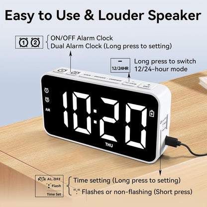 Plug in Digital Alarm Clocks with Rechargeable Backup Battery for Bedrooms Living Room Study Loud Bedside Desk Clock with Memory Function Dual Alarm 3 Modes Weekends Weekdays Every Day for Kids Adults