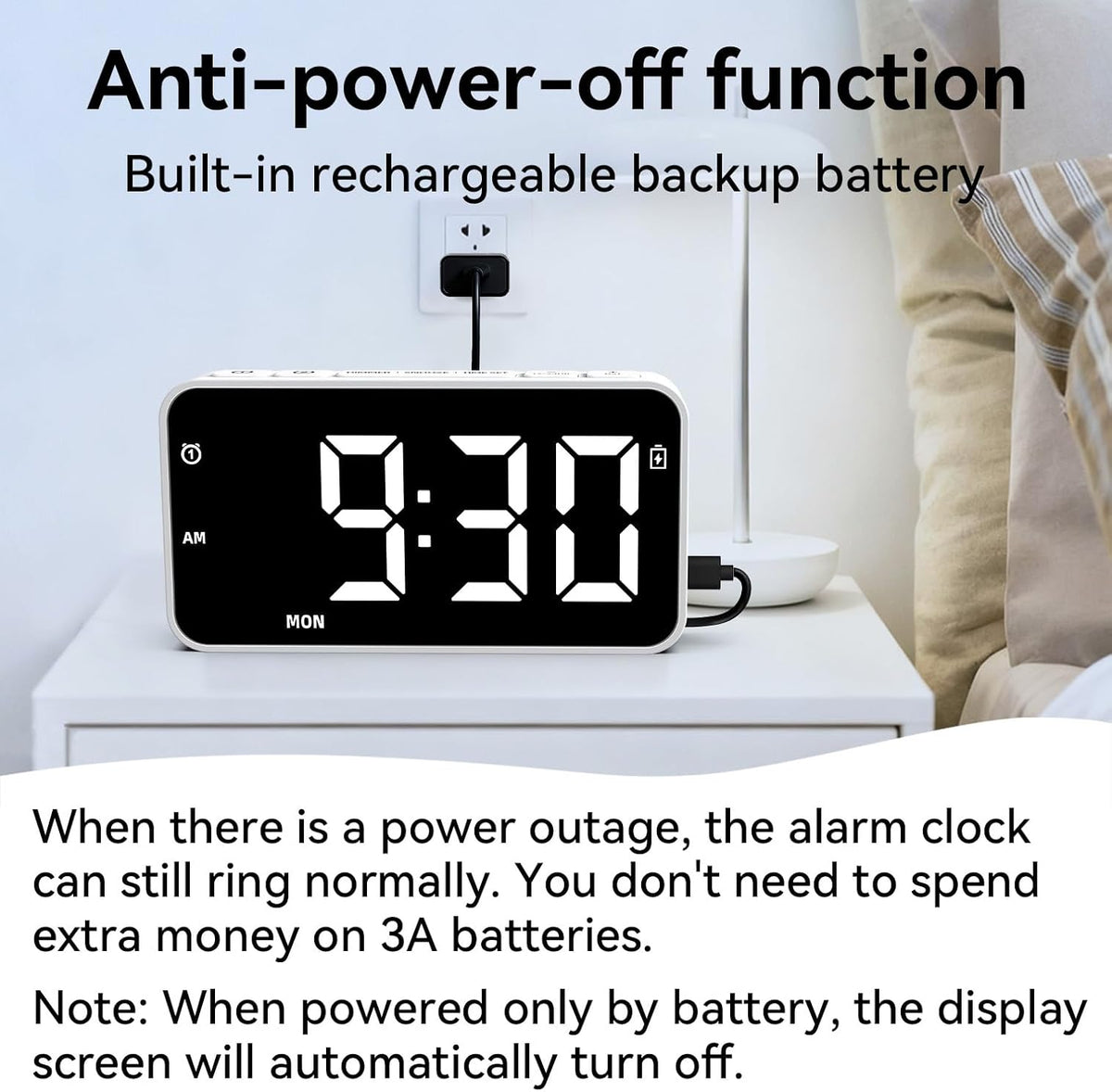 Plug in Digital Alarm Clocks with Rechargeable Backup Battery for Bedrooms Living Room Study Loud Bedside Desk Clock with Memory Function Dual Alarm 3 Modes Weekends Weekdays Every Day for Kids Adults