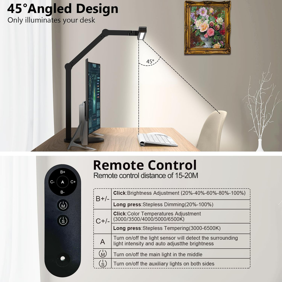 Architect Desk Lamp with Atmosphere Lighting, Adjustable Led Desk Light for Home Office with Base, 24W Bright Auto Dimming Table Light with Rotatable Swing Arm for Workbench Computer