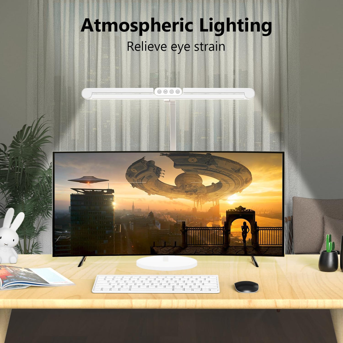 Architect Desk Lamp with Atmosphere Lighting, Adjustable Led Desk Light for Home Office with Base, 24W Bright Auto Dimming Table Light with Rotatable Swing Arm for Workbench Computer