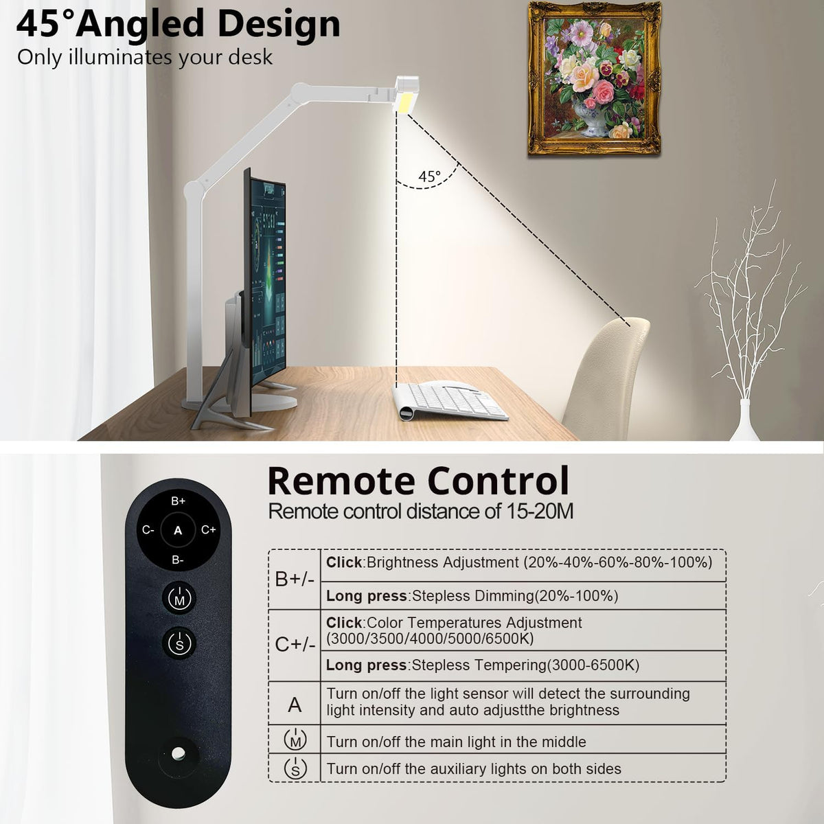 Architect Desk Lamp with Atmosphere Lighting, Adjustable Led Desk Light for Home Office with Base, 24W Bright Auto Dimming Table Light with Rotatable Swing Arm for Workbench Computer