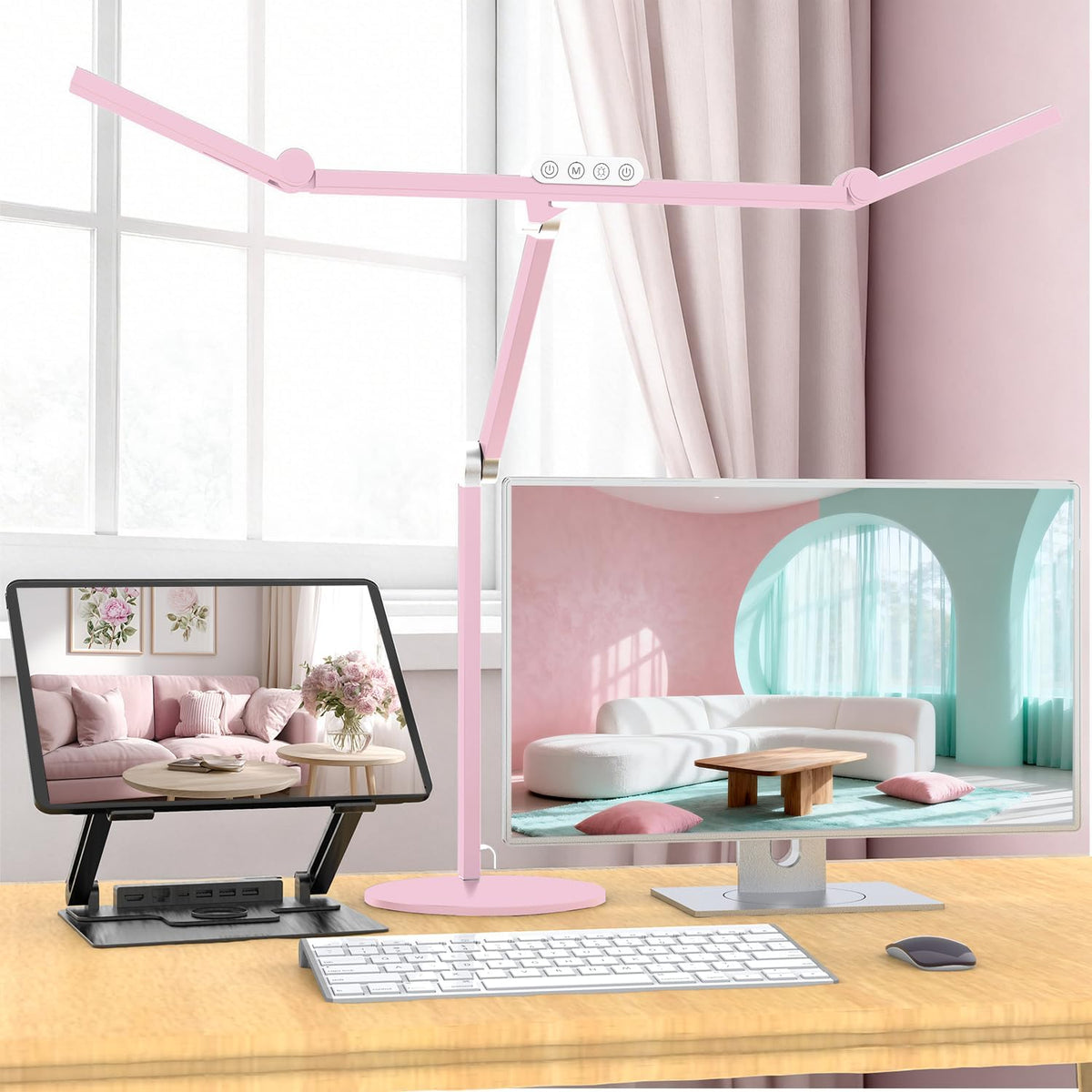 Architect Desk Lamp with Atmosphere Lighting, Adjustable Led Desk Light for Home Office with Base, 24W Bright Auto Dimming Table Light with Rotatable Swing Arm for Workbench Computer