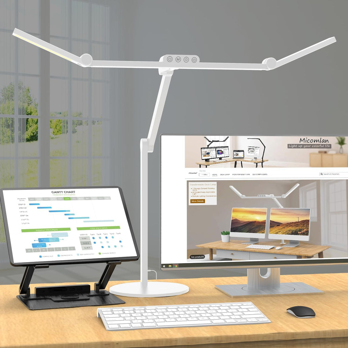 Architect Desk Lamp with Atmosphere Lighting, Adjustable Led Desk Light for Home Office with Base, 24W Bright Auto Dimming Table Light with Rotatable Swing Arm for Workbench Computer