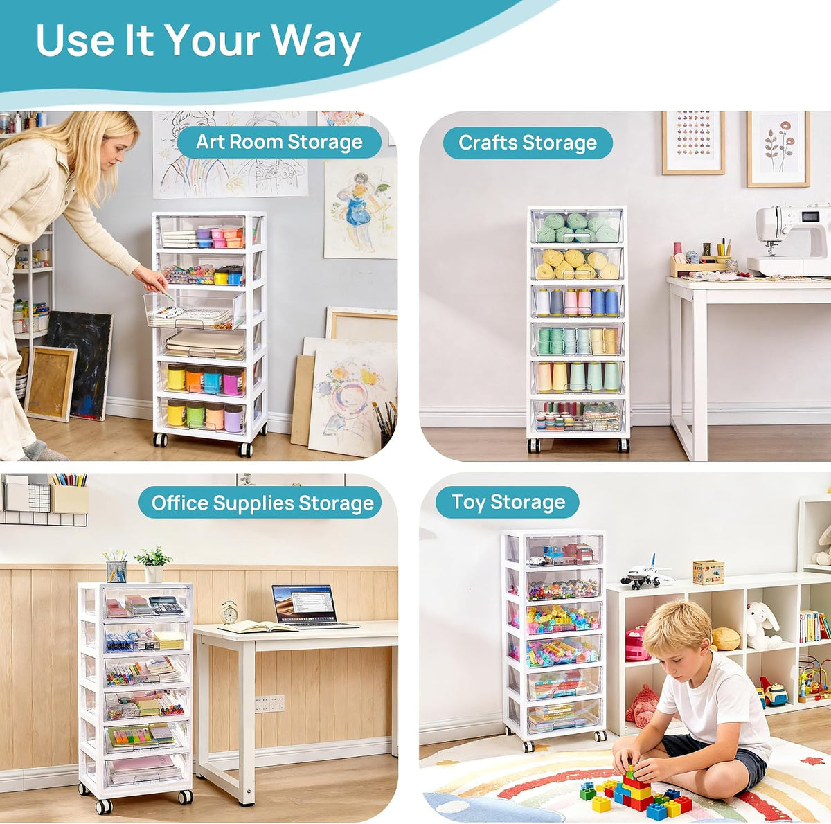 4-Tier Plastic Drawer Storage Rolling Cart with Wheels