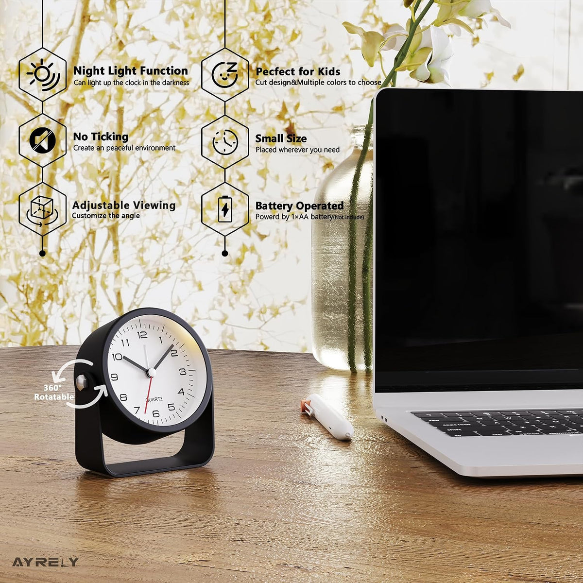 ® 3.5" Small Analog Travel Alarm Clock, Battery Operated Desk Clock