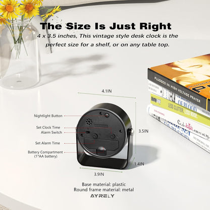 ® 3.5" Small Analog Travel Alarm Clock, Battery Operated Desk Clock