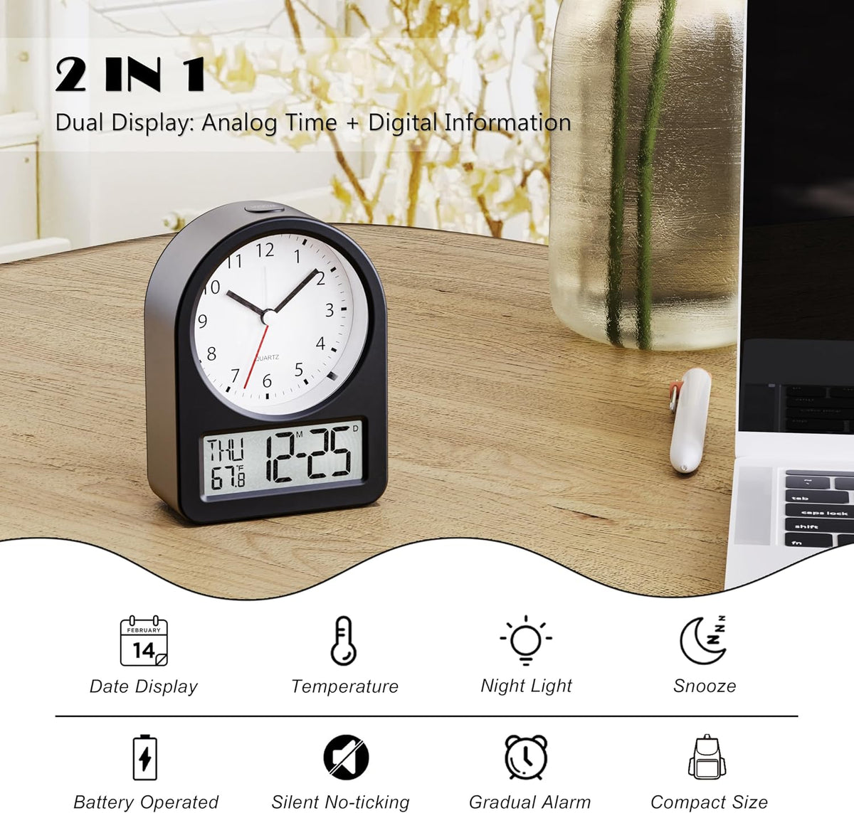 ® 3.5" Small Analog Travel Alarm Clock, Battery Operated Desk Clock