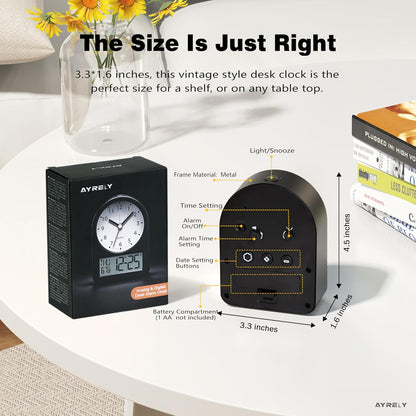 ® 3.5" Small Analog Travel Alarm Clock, Battery Operated Desk Clock
