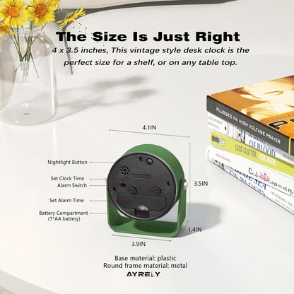 ® 3.5" Small Analog Travel Alarm Clock, Battery Operated Desk Clock