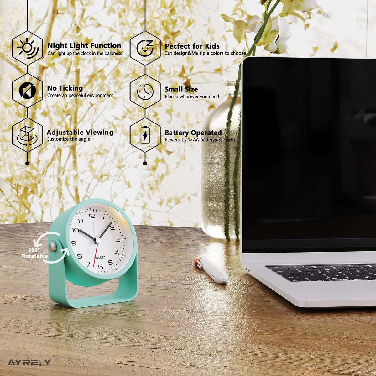 ® 3.5" Small Analog Travel Alarm Clock, Battery Operated Desk Clock