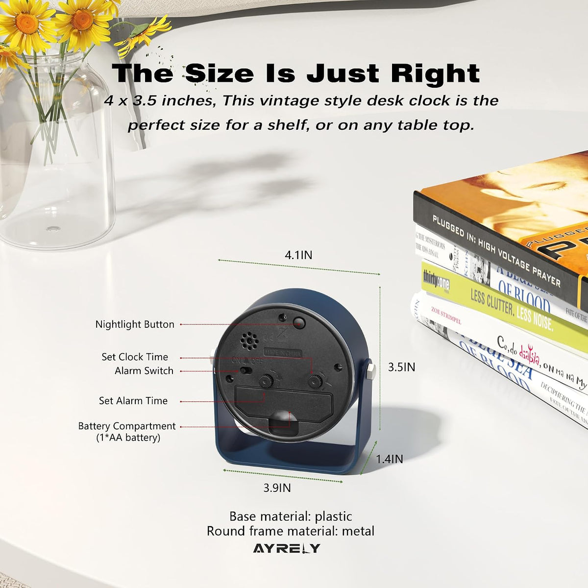 ® 3.5" Small Analog Travel Alarm Clock, Battery Operated Desk Clock