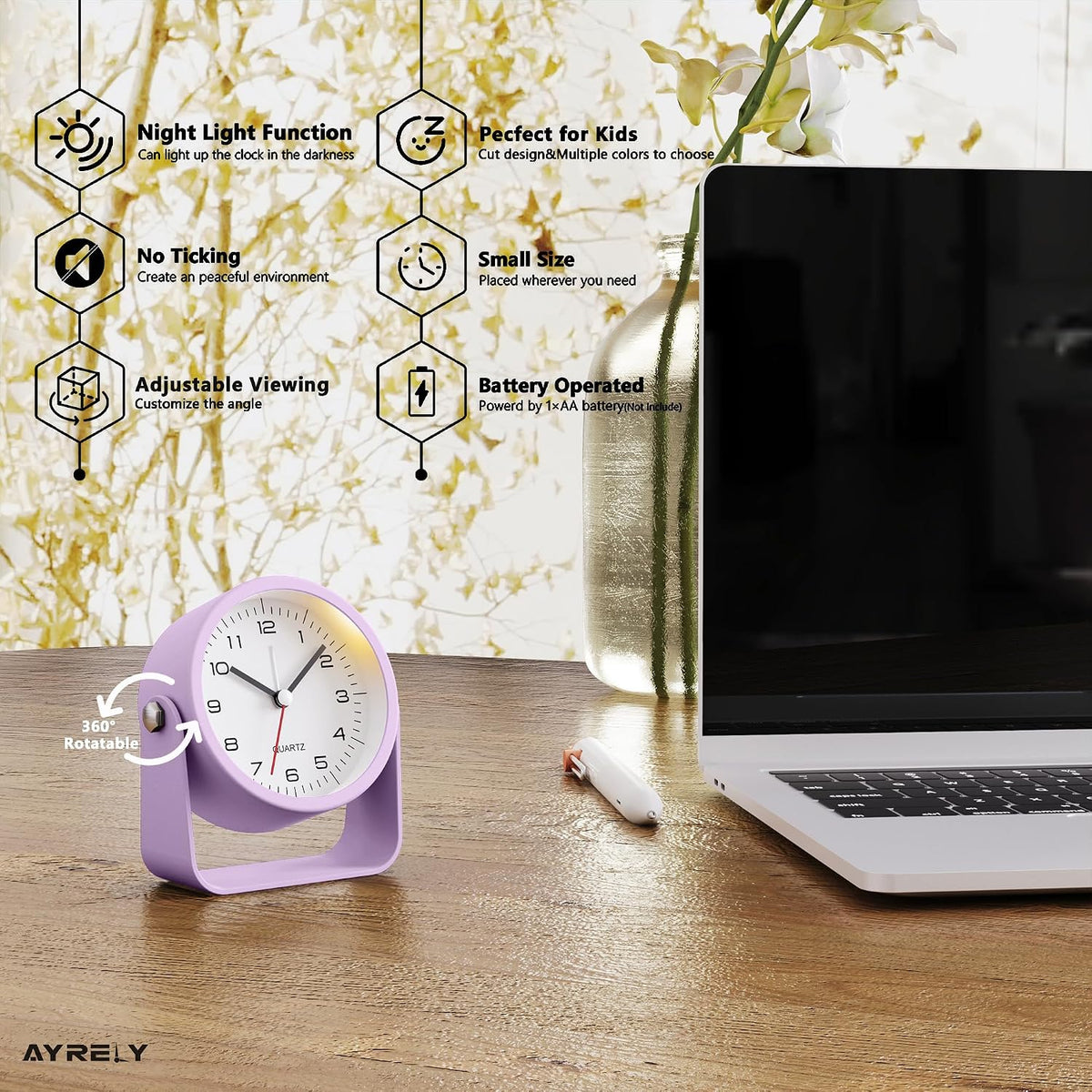 ® 3.5" Small Analog Travel Alarm Clock, Battery Operated Desk Clock