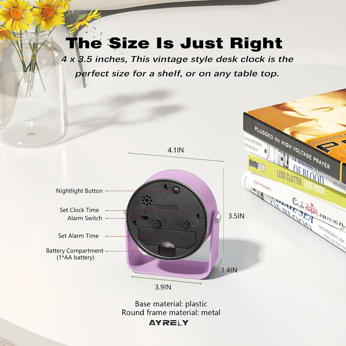 ® 3.5" Small Analog Travel Alarm Clock, Battery Operated Desk Clock