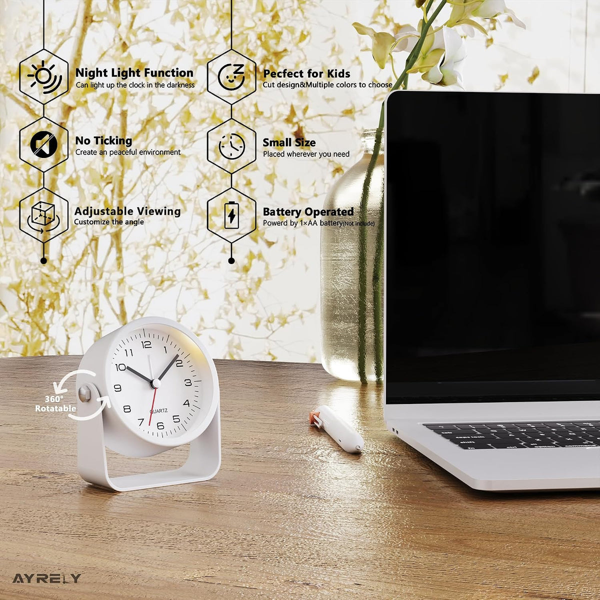 ® 3.5" Small Analog Travel Alarm Clock, Battery Operated Desk Clock